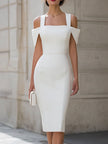 White FJØRNA cold shoulder square neck bodycon midi dress, close-up of fitted dress with long sleeves and square neckline.