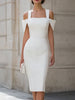 White FJØRNA cold shoulder square neck bodycon midi dress, close-up of fitted dress with long sleeves and square neckline.