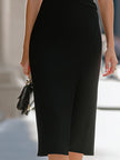 FJØRNA high-neck halter draped bodycon midi dress, black elegant dress with fitted silhouette and stylish draping details.