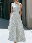 FJØRNA one-shoulder striped pleated midi dress with asymmetric shoulder design and flowing fabric, stylish and elegant for occasions.