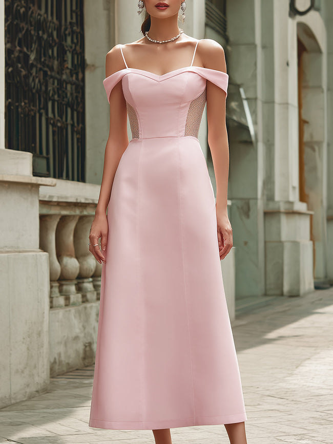 Elegant pink off-the-shoulder maxi dress by FJØRNA, flowing fabric with fitted bodice and ruffled sleeves, styled for summer occasions.