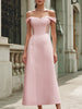 FJØRNA elegant pink off-the-shoulder sleeveless maxi dress displayed on a hanger with flowing fabric and a fitted waist.