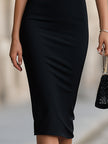 FJØRNA sheer mesh panel fitted midi dress featuring a sleek silhouette and intricate mesh details.