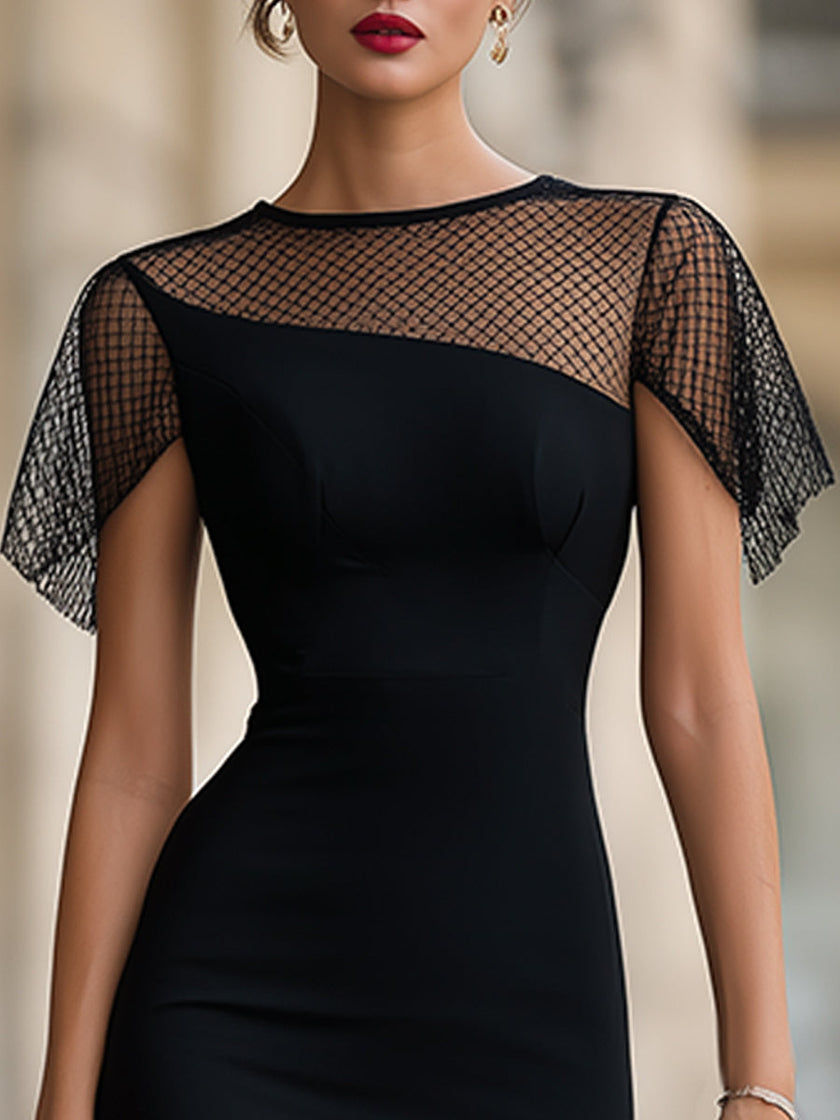 FJØRNA sheer mesh panel fitted midi dress showing a close-up of the dress's see-through mesh details and sleek fit.