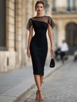 FJØRNA sheer mesh panel fitted midi dress showcasing a sleek, form-fitting design with see-through mesh panels.