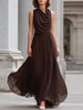 Elegant brown chiffon maxi dress with draped cowl neck and sleeveless design by FJØRNA, perfect for formal occasions.