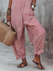 FJØRNA women's striped sleeveless jumpsuit with square neck, loose fit, and wide-leg pants, casual and stylish for warm weather.