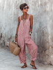 FJØRNA striped sleeveless jumpsuit for women with square neck, loose fit, and wide-leg pants, casual and stylish.