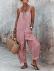 FJØRNA striped sleeveless women's jumpsuit with square neck, loose-fit, wide-leg pants, and casual style.