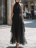 FJØRNA halter neck layered chiffon maxi dress, flowing and elegant with a tiered design, perfect for formal occasions