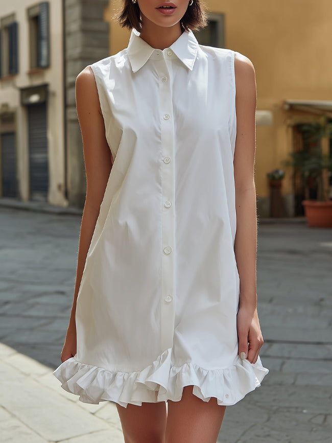 FJØRNA sleeveless button-front mini dress with ruffle hem, casual chic shirt dress in lightweight fabric, perfect for summer.