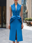 FJØRNA sleeveless tailored lapel structured midi dress, featuring a fitted design and elegant lapel details, displayed on a mannequin.