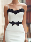 FJØRNA scalloped trim bow waist structured pencil midi dress with fitted silhouette and elegant design, shown on a model.