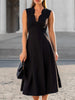 Black scalloped edge V-neck sleeveless fit-and-flare midi dress by FJØRNA, shown with a flowing silhouette and scalloped hem detail.