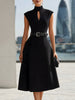 FJØRNA elegant high neck midi dress with keyhole cutout, belted waist, and flared skirt, perfect for sophisticated occasions.