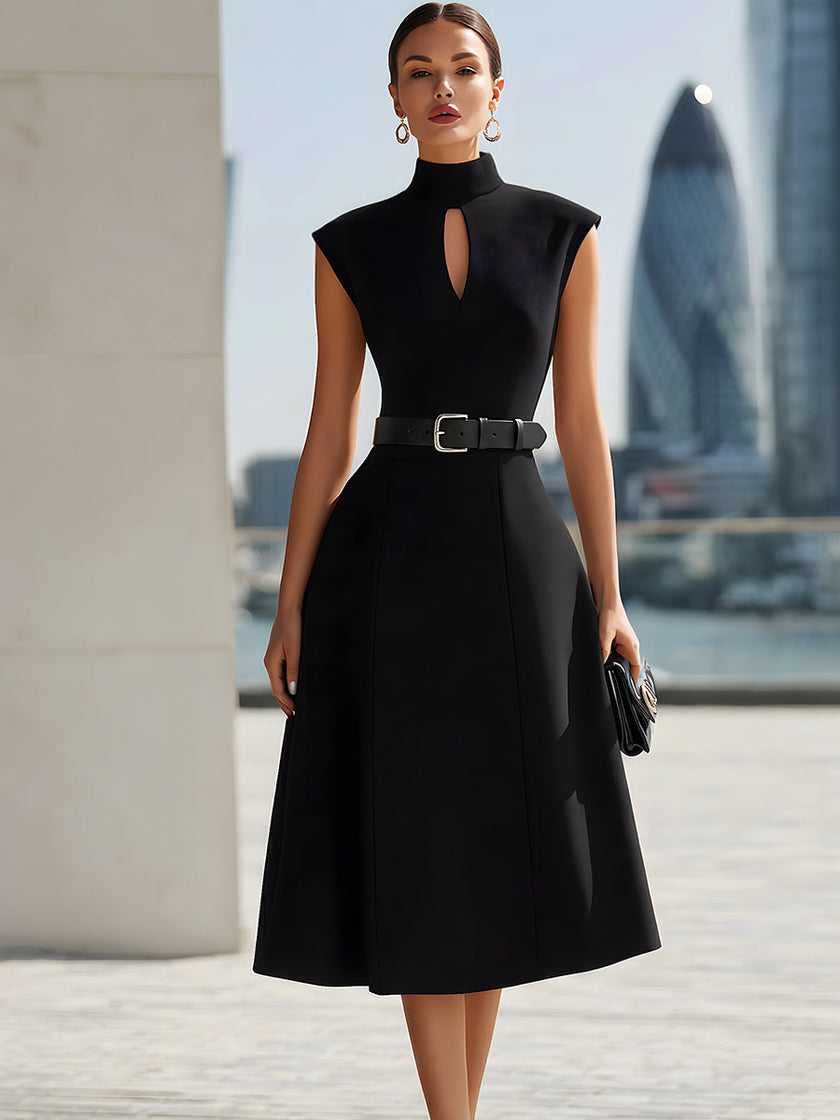 FJØRNA elegant high neck flared midi dress with keyhole cutout and belt, featuring a stylish and sophisticated design.