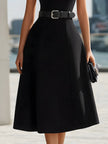 FJØRNA elegant high neck midi dress with keyhole cutout, belted waist, and flared hem, perfect for stylish occasions