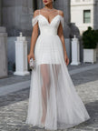 FJØRNA off-shoulder sheer overlay pleated maxi dress with flowing fabric and elegant design, perfect for formal occasions