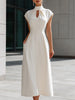 FJØRNA elegant high neck A-line midi dress with keyhole cutout at waist, stylish and sophisticated for special occasions.
