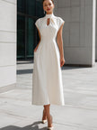 FJØRNA elegant high neck keyhole cutout waist A-line midi dress, showcasing a stylish dress with a fitted waist and flowing skirt.