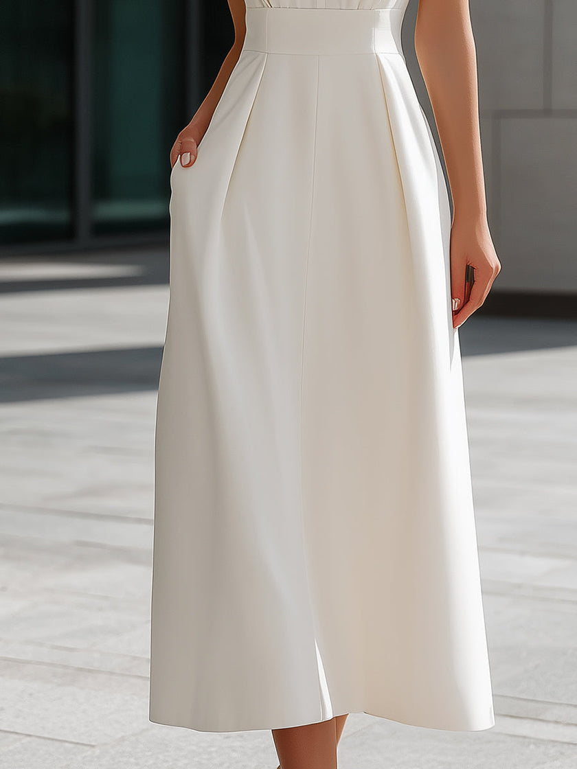 FJØRNA elegant high neck A-line midi dress with keyhole cutout at waist, stylish and sophisticated for formal occasions.