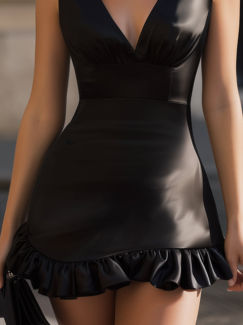 FJØRNA black satin deep V-neck sleeveless mini dress with ruffle hem, stylish and elegant for special occasions.