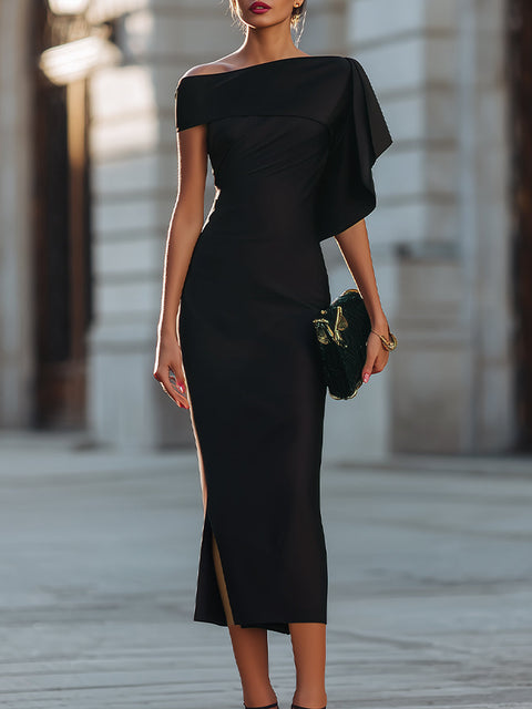 FJØRNA asymmetric one-shoulder draped midi dress in elegant fabric, showcasing a stylish and modern design.
