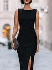 FJØRNA minimalist strapless column midi dress displayed flat, showcasing sleek, modern design with clean lines and smooth fabric.