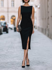 FJØRNA minimalist strapless column midi dress in solid fabric, shown on a model with a sleek, elegant silhouette.