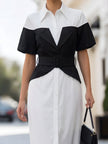 FJØRNA elegant colorblock belted shirt midi dress with long sleeves and a waist tie, featuring a stylish colorblock design.