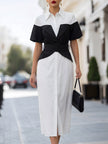 FJØRNA elegant colorblock belted shirt midi dress with long sleeves and a waist tie, featuring a stylish colorblock design.
