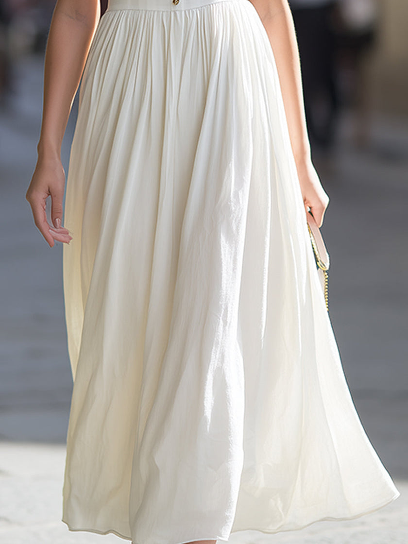 FJØRNA square-neck sleeveless button-front gathered midi dress, showcasing its elegant design and midi length.