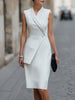 FJØRNA asymmetric wrap panel tailored midi dress in soft fabric, featuring elegant draping and a sophisticated silhouette.
