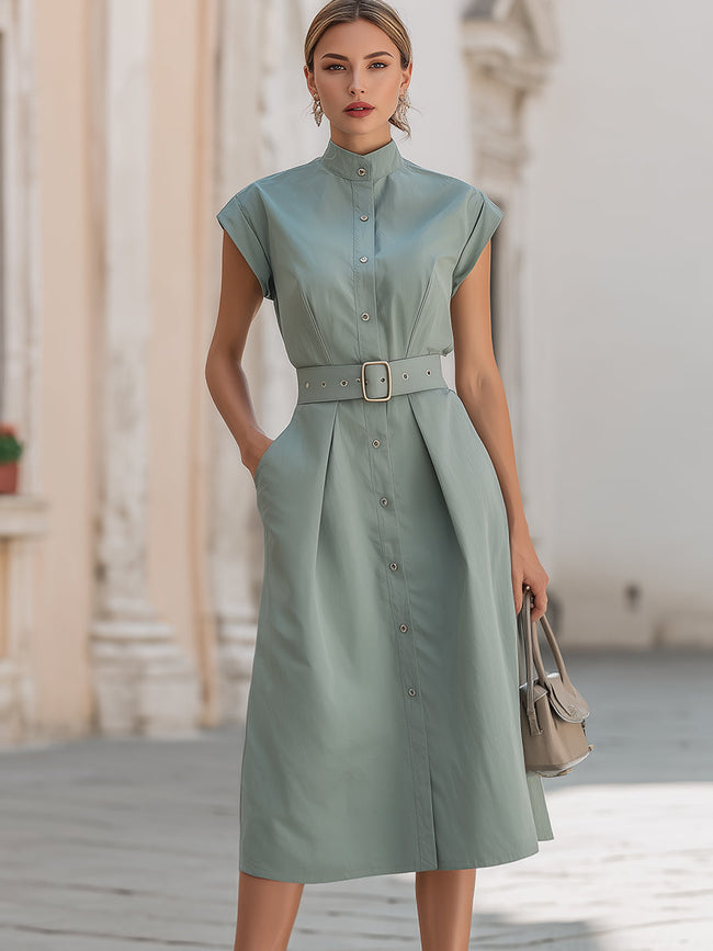 FJØRNA elegant stand collar belted button-down midi shirt dress hanging on a hanger with a neutral background.