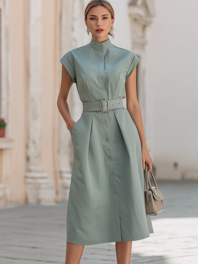 FJØRNA elegant stand collar belted button-down midi shirt dress hanging on a hanger with a neutral background.