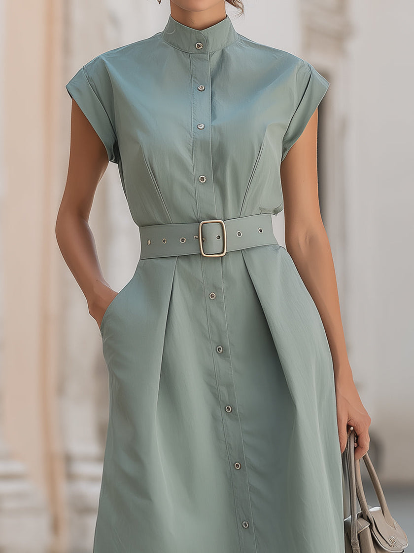 FJØRNA elegant stand collar belted button-down midi dress with long sleeves and a tailored fit, displayed on a hanger.