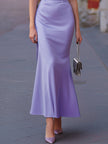 Lilac satin cowl neck spaghetti strap mermaid maxi dress by FJØRNA, featuring a fitted silhouette and elegant flowing fabric.
