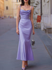 Lilac satin cowl neck spaghetti strap mermaid maxi dress by FJØRNA, flowing elegant evening dress with fitted silhouette and side slit.