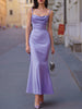 Lilac satin cowl neck spaghetti strap mermaid maxi dress by FJØRNA, flowing elegant evening dress with fitted silhouette and side slit.