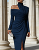 FJØRNA red midi dress for women with high neck and pleated design, stylish and elegant for casual or formal wear.