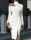 Red FJØRNA midi dress for women with high neck and pleated design, shown on a model in a stylish indoor setting.