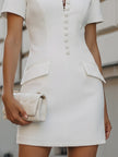 FJØRNA stand collar button-front tailored mini dress, front view showing long sleeves, fitted silhouette, and classic design.
