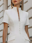 FJØRNA stand collar button-front tailored mini dress displayed on a mannequin, featuring a sleek design and fitted silhouette.