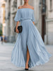 FJØRNA off-shoulder pleated chiffon maxi dress with flowing fabric and elegant silhouette, perfect for formal occasions.