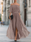 FJØRNA off-shoulder pleated chiffon maxi dress with flowing fabric and elegant design, perfect for formal occasions.