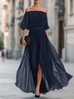 FJØRNA off-shoulder pleated chiffon maxi dress with flowing fabric and elegant design, perfect for formal occasions.