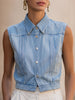 Light wash sleeveless denim vest for women with button-down front, stylish FJØRNA top, perfect for casual outfits.