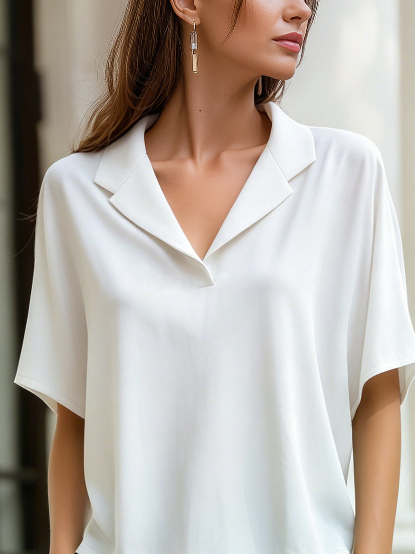 FJØRNA relaxed lapel collar short sleeve blouse for women, showcasing a stylish, lightweight tops with a comfortable fit.