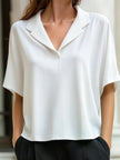 FJØRNA relaxed lapel collar short sleeve blouse for women, lightweight top with a stylish collar and casual fit.