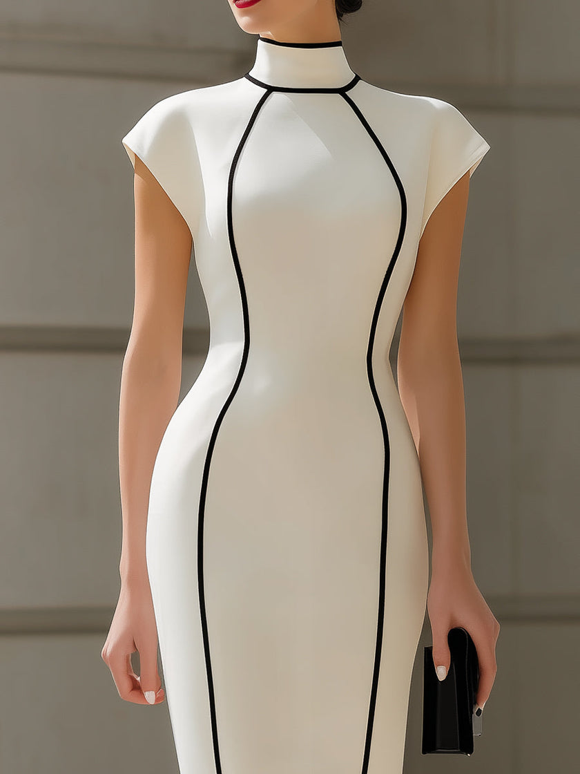 High-Neck Black Piping Cap-Sleeve Bodycon Midi Dress | FJRNA High-Neck Black Piping Cap-Sleeve Bodycon Midi Dress | FJRNA